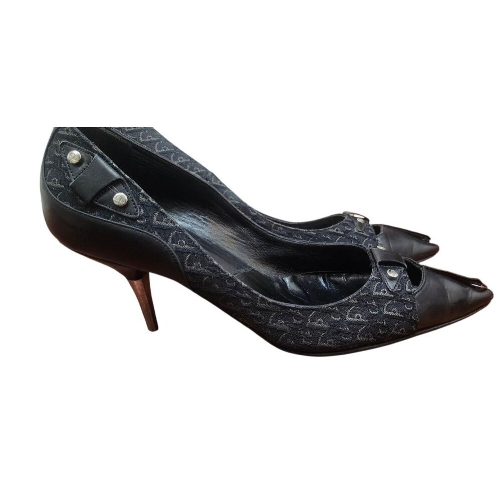 Christian Dior Monogram Heels 36 Black Logo Canvas Leather Pointed Toe Pumps - Picture 6 of 14
